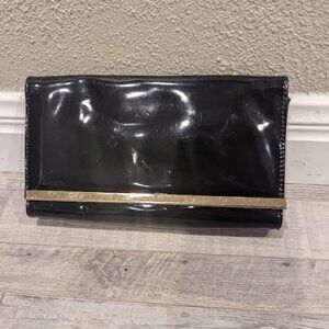 Estée Lauder Black Patent Glossy Evening Clutch | Gold Bar Trim